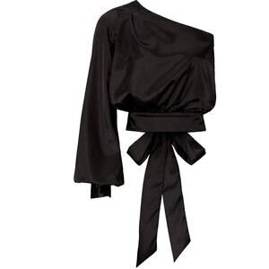 StyleStalker Luna Crop Top Satin One Shoulder Long Sleeve Tie Waist Black Medium